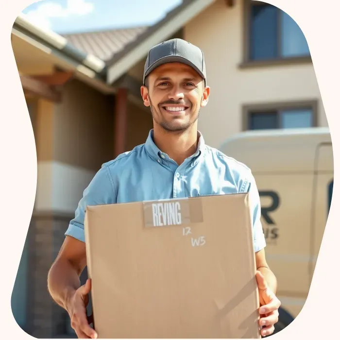 Two removalists moving boxes up stairs