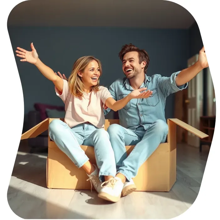 Two guys sitting on the floor of their apartment with Muval moving boxes